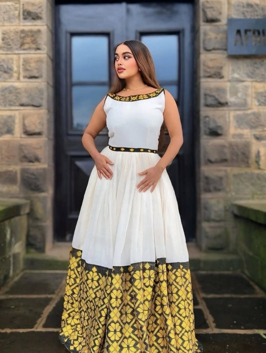 Yellow Ethiopian Dress Traditional | Diaspora Cultural Wear Handmade