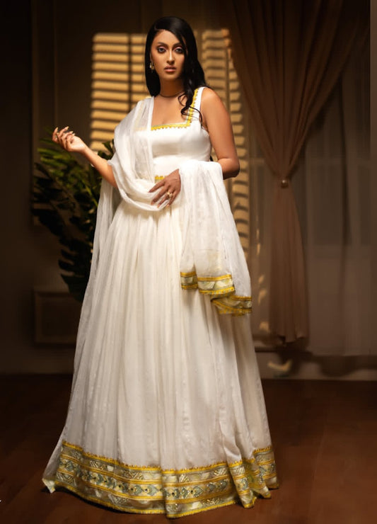 Ethiopian Dress - Modern White with Gold Embroidered Borders