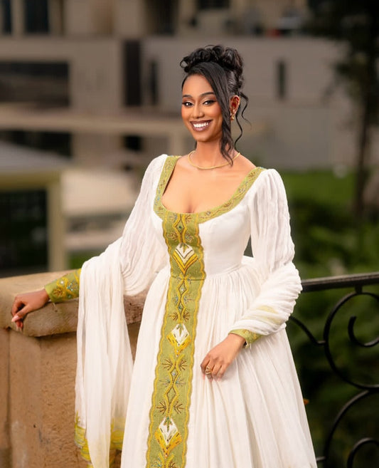 Ethiopian Dress - Elegant Gold Habesha Kemis for Events