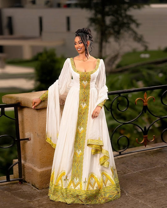 Ethiopian Dress - Elegant Gold Habesha Kemis for Events