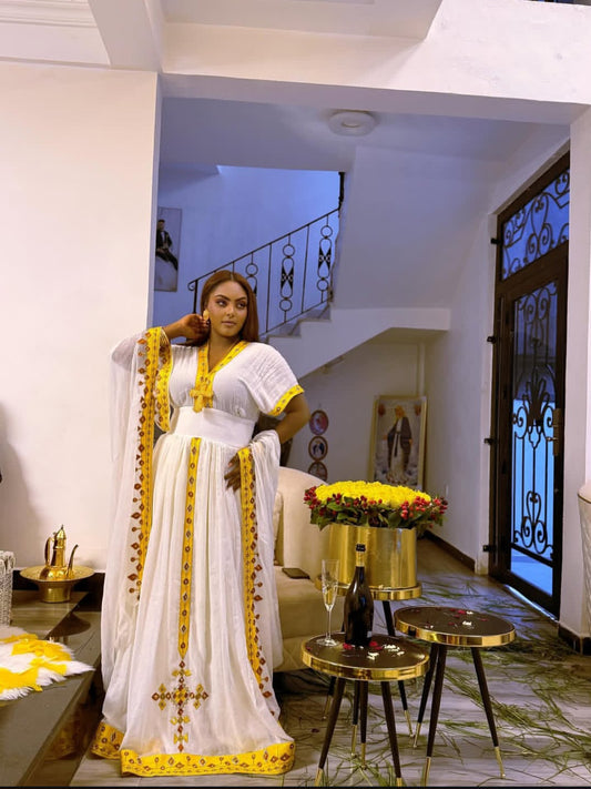 Ethiopian Dress - Full-Length White & Gold Cultural Attire  Kemis