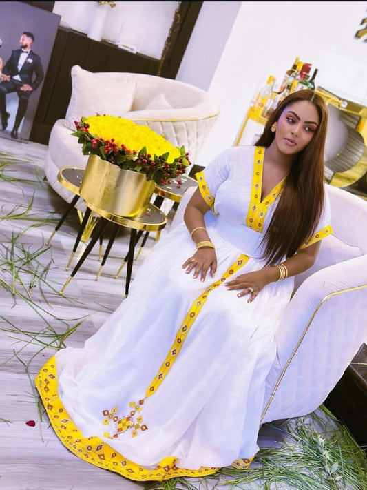 Ethiopian Dress - Full-Length White & Gold Cultural Attire  Kemis