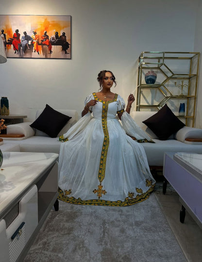 Ethiopian Store | Gold Modern Habesha Dress for Diaspora Women