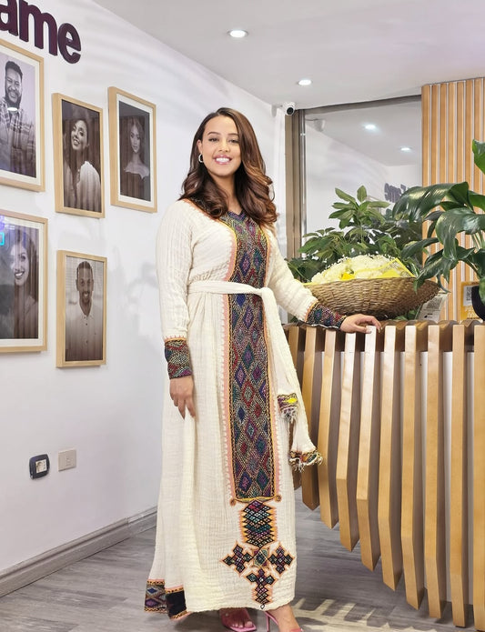 Beige Ethiopian Dress Traditional | Diaspora Cultural Wear Handmade