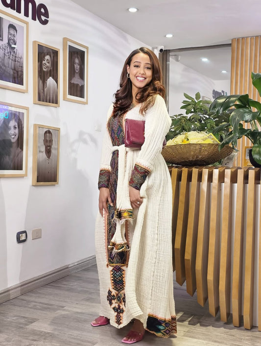 Beige Ethiopian Dress Traditional | Diaspora Cultural Wear Handmade