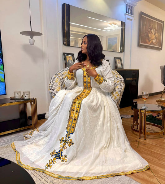 Yellow Ethiopian Habesha Clothes | Modern Dress Cultural Handmade Style