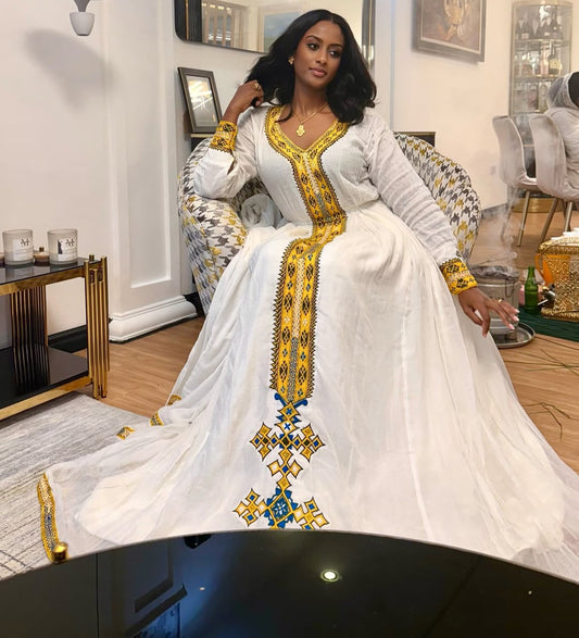 Yellow Ethiopian Habesha Clothes | Modern Dress Cultural Handmade Style