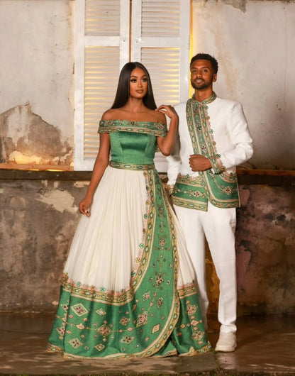 Matching Habesha Dress Couples Outfit – Traditional Ethiopian Kemis Set for Him & Her from Designer ENKU Design
