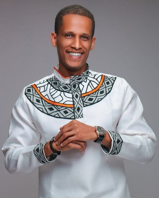 White Habesha Men's Shirt with Black & Orange Tibeb – Bold Geometric Design
