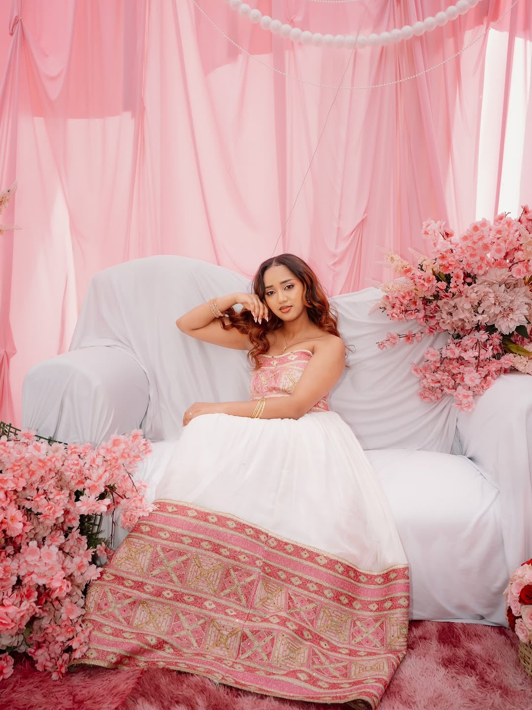 Elegant Pink Habesha Dress with Gold Tilf Embroidery – Ethiopian Traditional Dress for Special Occasions