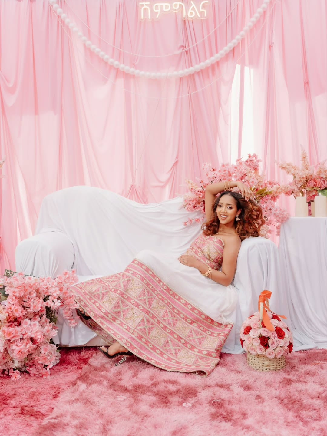 Elegant Pink Habesha Dress with Gold Tilf Embroidery – Ethiopian Traditional Dress for Special Occasions