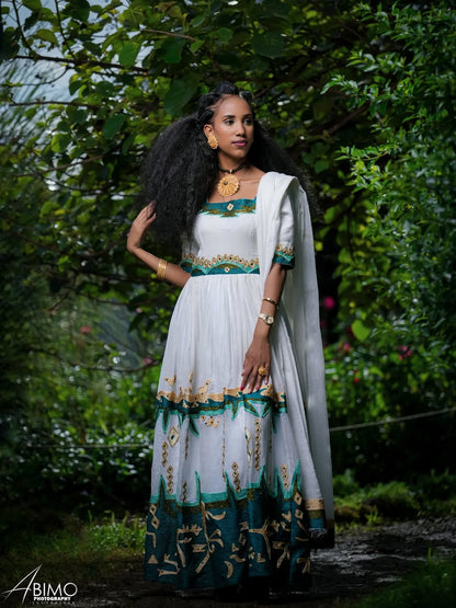 Green Menen Habesha libs: Traditional festive Tibeb Kemis