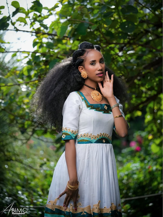 Green Menen Habesha libs: Traditional festive Tibeb Kemis