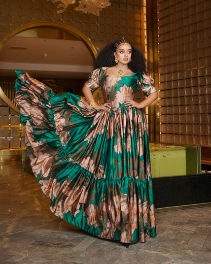 Green Floral Habesha Chiffon dress with Puff Sleeves and Coordinating Netela for Celebrations
