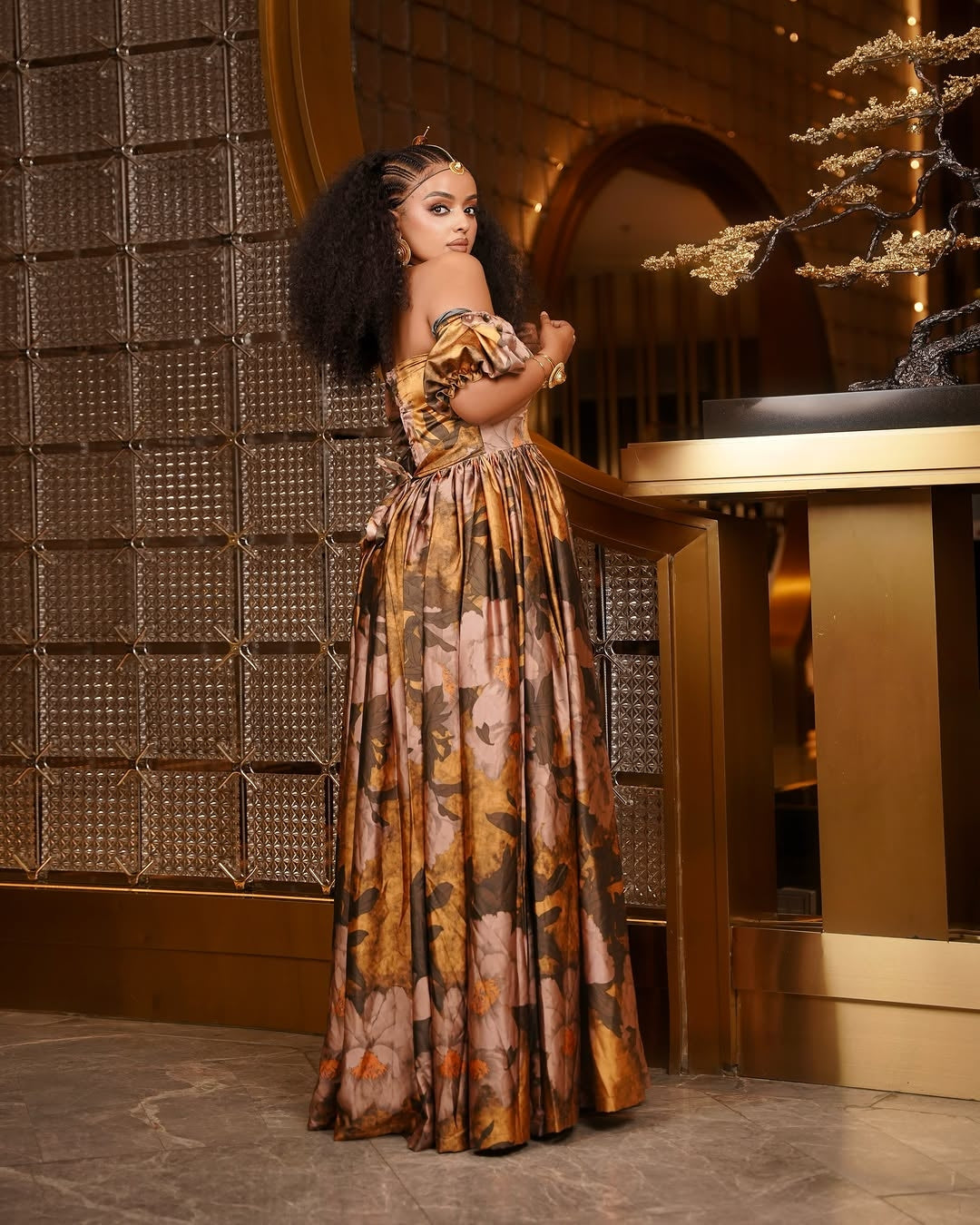 Gold Flowing Habesha Chiffon – Traditional Ethiopian Kemis Handwoven for Special Occasion