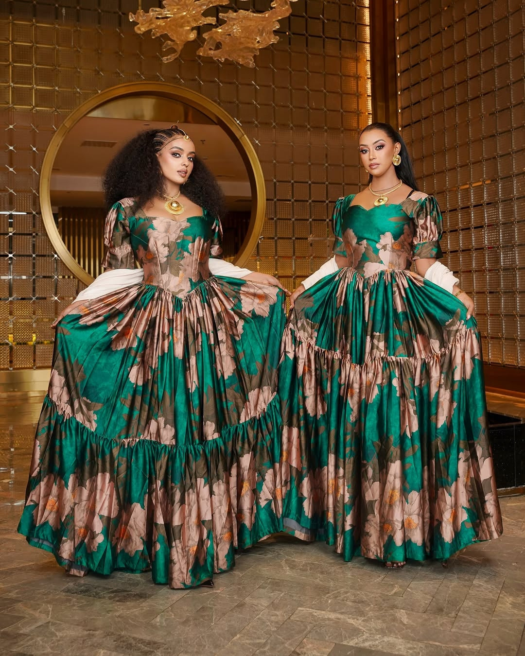 Green Floral Habesha Chiffon dress with Puff Sleeves and Coordinating Netela for Celebrations