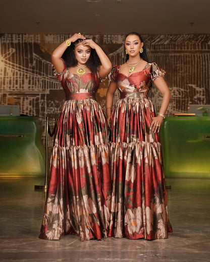 Elegant Floral Habesha Chiffon Dress with Sweetheart Neckline & Matching Shawl for Weddings & Special Occasions