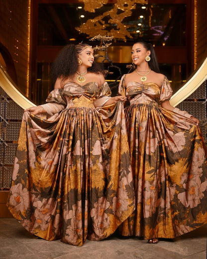 Gold Flowing Habesha Chiffon – Traditional Ethiopian Kemis Handwoven for Special Occasion