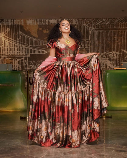 Elegant Floral Habesha Chiffon Dress with Sweetheart Neckline & Matching Shawl for Weddings & Special Occasions
