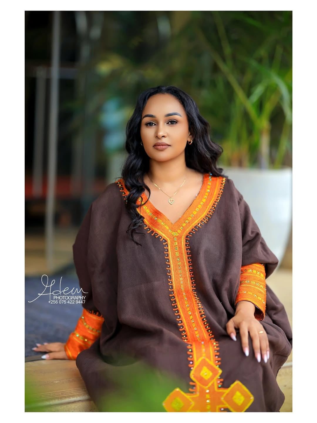 Brown Ethiopian Traditional Dress – Elegant Kaftan Style Cultural Outfit with Hand-Embroidered Patterns and Cross Design