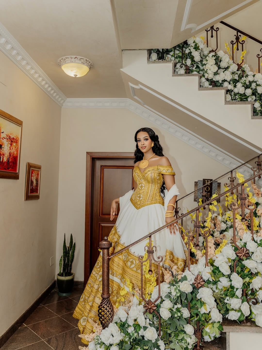 Gold Wedding Habesha Kemis – Luxury Ethiopian Bridal Dress with Tilf Embroidery