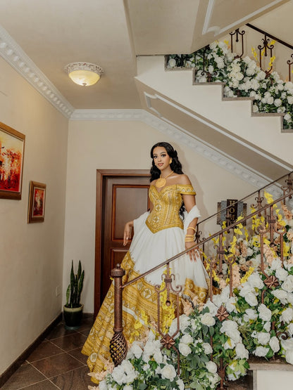 Gold Wedding Habesha Kemis – Luxury Ethiopian Bridal Dress with Tilf Embroidery