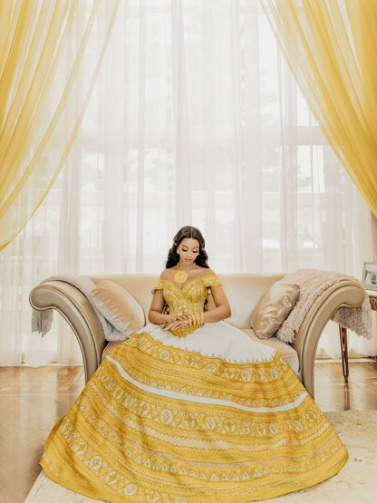 Gold Wedding Habesha Kemis – Luxury Ethiopian Bridal Dress with Tilf Embroidery