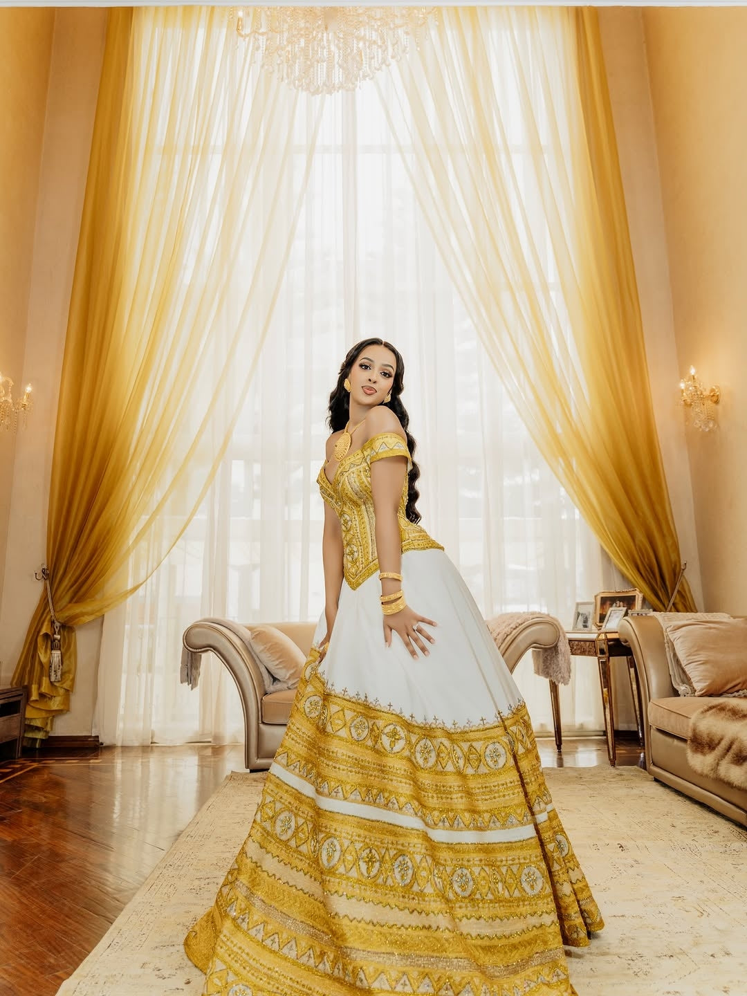 Gold Wedding Habesha Kemis – Luxury Ethiopian Bridal Dress with Tilf Embroidery