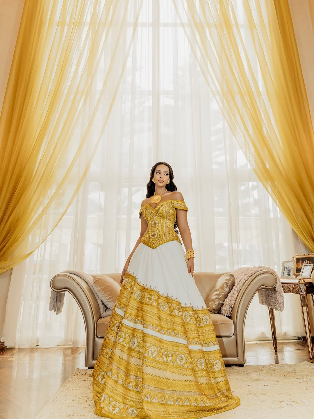 Gold Wedding Habesha Kemis – Luxury Ethiopian Bridal Dress with Tilf Embroidery
