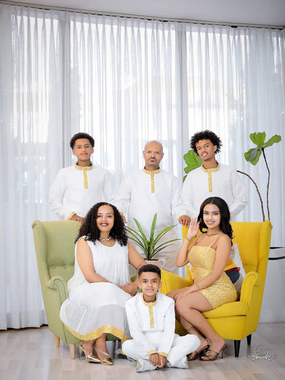 Family Habesha Set – Elegant White & Gold Ethiopian Holiday Outfits by Tsehaye Mehari