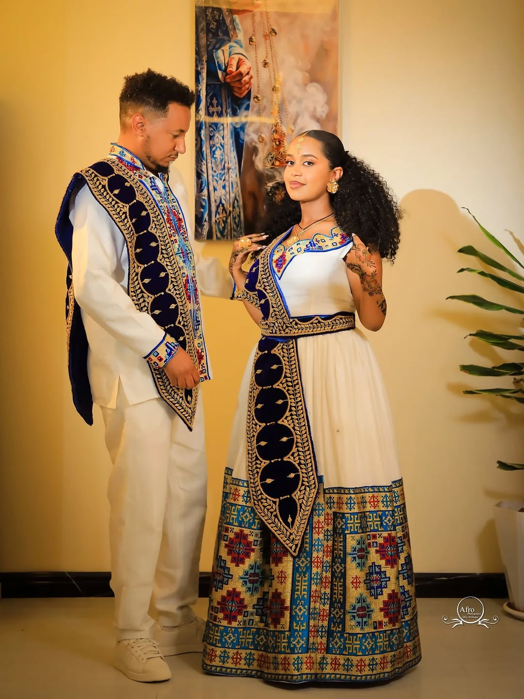 Blue Ethiopian Wedding Couple Set with Kaba – Matching Habesha Outfit for Bride and Groom