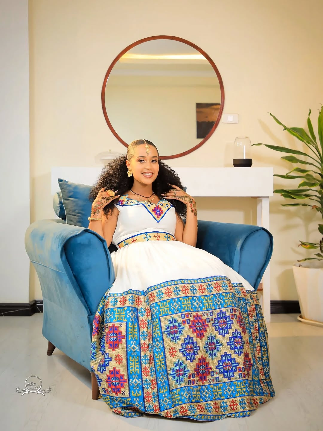 Blue Ethiopian Wedding Couple Set with Kaba – Matching Habesha Outfit for Bride and Groom