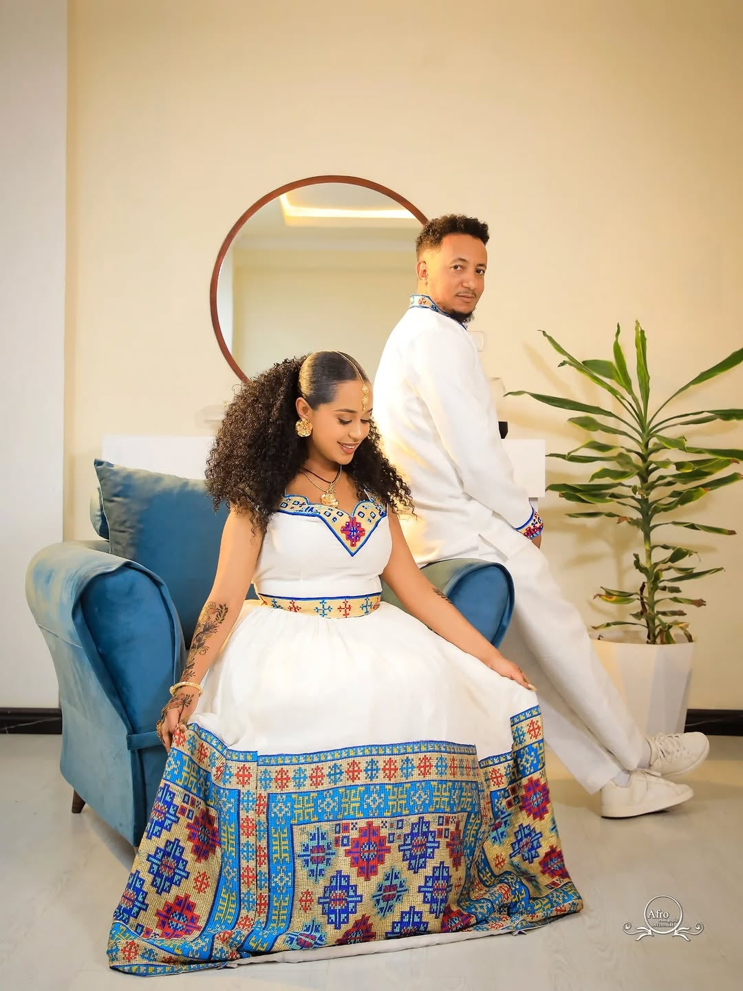Blue Ethiopian Wedding Couple Set with Kaba – Matching Habesha Outfit for Bride and Groom