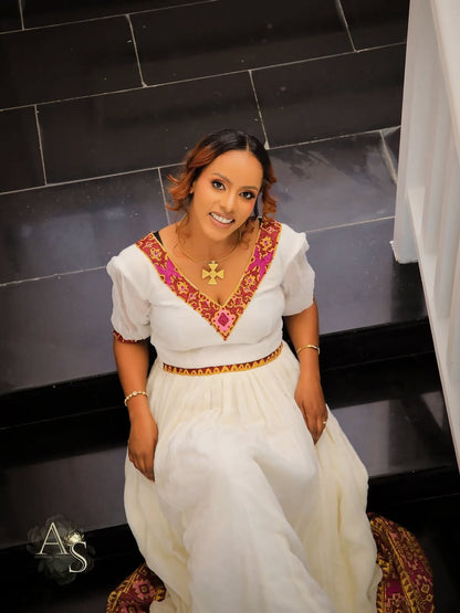 Pink &Gold Habesha kemis - Modern Ethiopia traditional dress for weddings