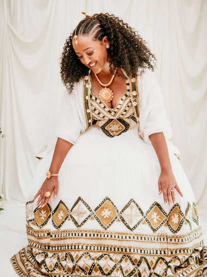 Gold Habesha Dress – Traditional Ethiopian Outfit for Weddings, Cultural Events, and Elegant Occasions