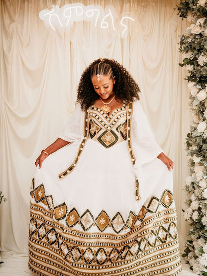 Gold Habesha Dress – Traditional Ethiopian Outfit for Weddings, Cultural Events, and Elegant Occasions