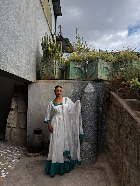 Green Habesha Kemis – Simple Ethiopian Traditional Dress with Sheer Sleeves for Weddings, Church, and Graduations