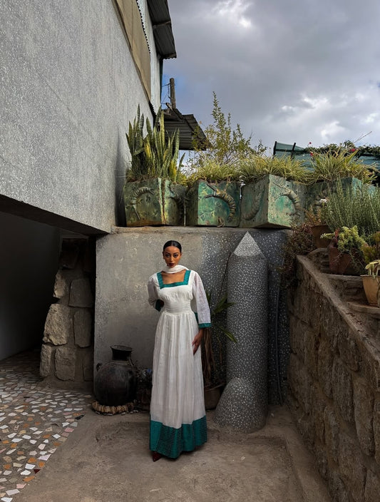 Green Habesha Kemis – Simple Ethiopian Traditional Dress with Sheer Sleeves for Weddings, Church, and Graduations