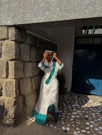 Green Habesha Kemis – Simple Ethiopian Traditional Dress with Sheer Sleeves for Weddings, Church, and Graduations