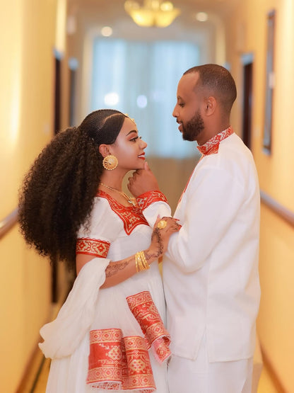 Red Ethiopian Traditional Dress – Hand-Woven Menen Cotton Habesha Kemis with Intricate Tilf Embroidery for Cultural Celebrations