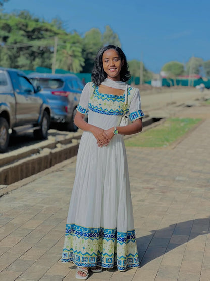 Green Ethiopian Dress – Handcrafted Traditional Habesha Outfit with Intricate Embroidery for Weddings, Festivals, and Cultural Celebrations