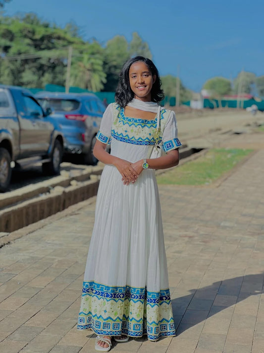 Green Ethiopian Dress – Handcrafted Traditional Habesha Outfit with Intricate Embroidery for Weddings, Festivals, and Cultural Celebrations