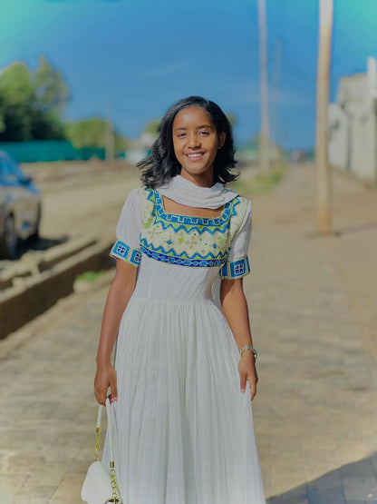 Green Ethiopian Dress – Handcrafted Traditional Habesha Outfit with Intricate Embroidery for Weddings, Festivals, and Cultural Celebrations
