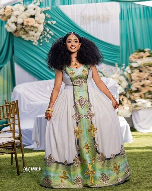 Green Ethiopian Traditional Wedding Dress – Elegant Habesha Kemis with Cross Design and Traditional Tibeb for Cultural Ceremonies