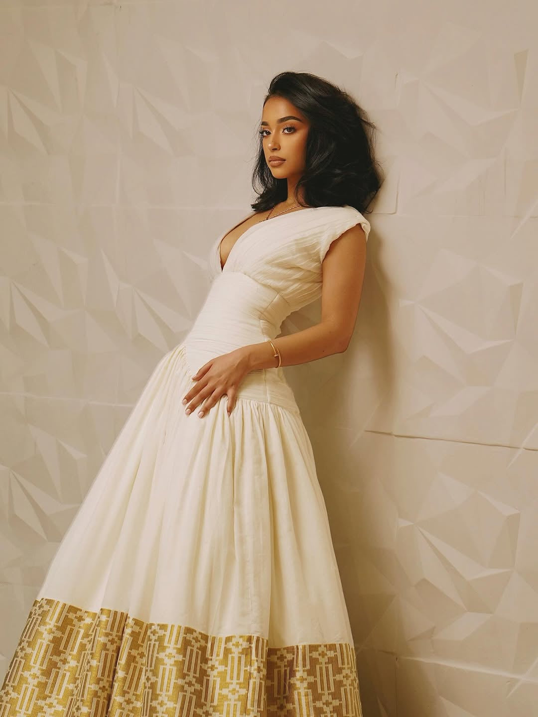 Champagne Gold Bridal Habesha Dress – Luxury Soft Fabric with Silver Tibeb
