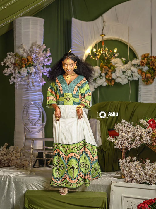 Green Ethiopian Libs – Beautiful Traditional Dress for Weddings, Church & Cultural Celebrations