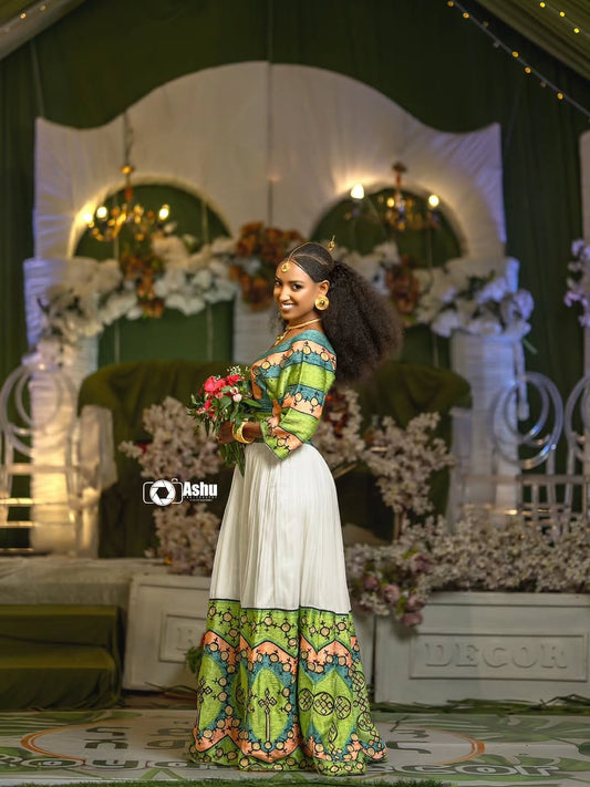 Green Ethiopian Libs – Beautiful Traditional Dress for Weddings, Church & Cultural Celebrations