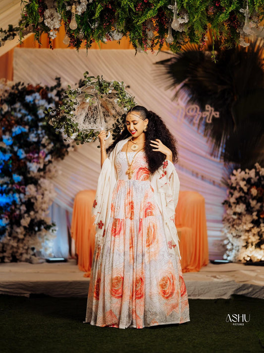 Red Habesha Kemis Chiffon Wide Tibeb Embroidery for Brides