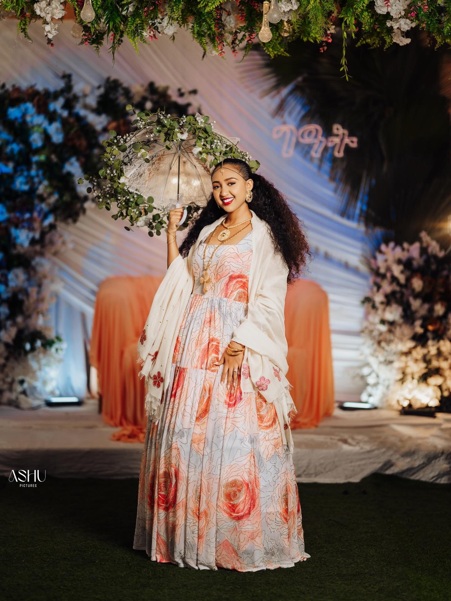 Red Habesha Kemis Chiffon Wide Tibeb Embroidery for Brides