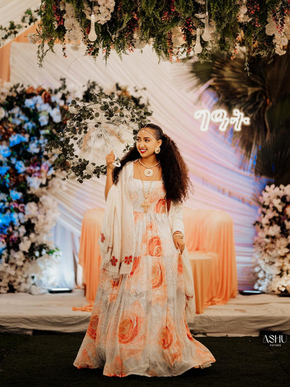 Red Habesha Kemis Chiffon Wide Tibeb Embroidery for Brides